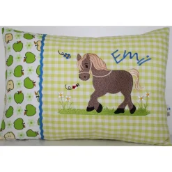 Best Namenskissen, Kuschelkissen Pferdchen auf Blumenwiese grün & Name 30x40cm Geschenke