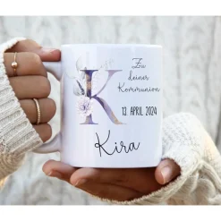 Hot Namenstasse zur Kommunion mit Namen Monogramm lila Blumen personalisiert Geschenke