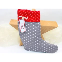 Nikolausstiefel|Monemy Nikolausstiefel grau rot Sterne mit  Namen personalisiert / Nikolaus Socke / Stiefel / Strumpf aus Stoff