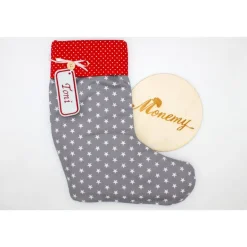 Nikolausstiefel|Monemy Nikolausstiefel grau rot Sterne mit  Namen personalisiert / Nikolaus Socke / Stiefel / Strumpf aus Stoff