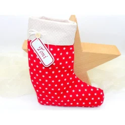 Outlet Nikolausstiefel rot beige Sterne mit  Namen personalisiert / Nikolaus Socke / Stiefel / Strumpf aus Stoff Nikolausstiefel
