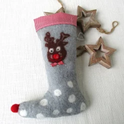 Nikolausstiefel|Maoma-Kreativdesign Nikolausstiefel Weihnachststiefel gefilzt mit Rentier und Karostoff nachhaltig