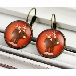 Outlet Ohrringe, Rentier, Weihnachten, Winter, rot, Hirsch, Reh, Glas, antik, bronze, vintage, nostalgisch, X-mas, rund, niedlich, Geschenk Weihnachtsaccessoires