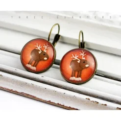 Outlet Ohrringe, Rentier, Weihnachten, Winter, rot, Hirsch, Reh, Glas, antik, bronze, vintage, nostalgisch, X-mas, rund, niedlich, Geschenk Weihnachtsaccessoires