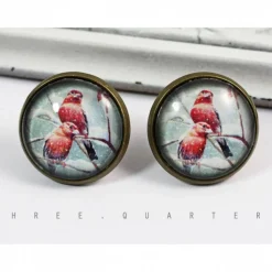 Ohrstecker, Vögel, Winter, retro, antik bronze, vintage, nostalgisch, Vogel, Weihnachten, Glas, rund, Natur, Geschenk, Hippie, Design Weihnachtsaccessoires