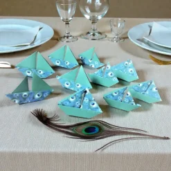 Tischdekoration|pollimarket Origami Segelboote Tischdeko Pfau Feder Blau Grün – Für Konfirmation, Taufe & Hochzeit (10 Stück)