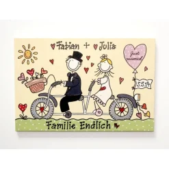 Sale originelles Hochzeitsgeschenk für das Brautpaar: Türschild mit Braut und Bräutigam auf Fahrrad und Namen personalisiert, Hochzeitsdatum integriert, individuelles Design, einzigartige Geschenkidee Hochzeitsgeschenke
