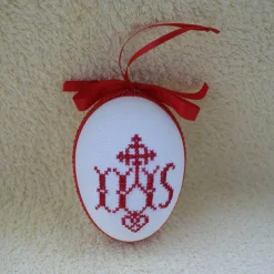 Best Osterdeko, Kreuzstich Osterei Handarbeit gestickt  religiöses Motiv   12cm, rot weiß, Ostereier