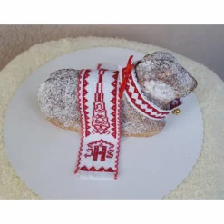 Outlet Osterdeko, Weiheset für das Osterlamm,  rot weiß Kreuzstich Ostertischdeko