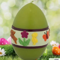 Hot Ostereikerze in grün mit fröhlich-buntem Osterreigen verziert  Ostergeschenk Osterkerze Osterdeko Osterkerzen