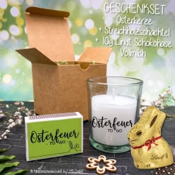Hot Osterfeuer to go Kerze mit Schriftzug wahlweise mit Lindt Schokohase - Ostergeschenk, Mitbringsel, Ostern, Gastgeschenk Osterkerzen