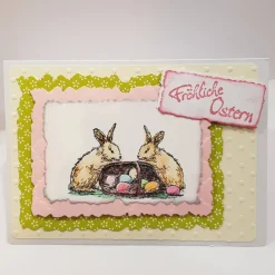 Outlet Osterhasen mit Ostereier-Körbchen Osterkarte handcoloriert Fröhliche Ostern pastell Osterkarten