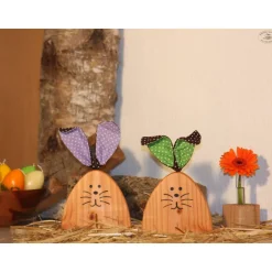 Osterhasen|Hübsches Aus Holz Osterhasen-Paar aus Douglasienholz mit grünen und fliederfarbenen Stoffohren (2er-Set)