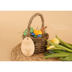 Osterkorb, Osterkörbchen, Osternest, personalisiert Geschenkidee, Korb mit Namensschild, Osterdeko, Holzanhänger Osterkörbchen