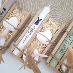 Ostergeschenke|Suanda Living Ostern Ostergeschenk Geschenkset Kerze Kerzenset Dekoherz Kerzenhalter rund Stabkerze Schriftzug Frohe Ostern Osterfest