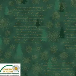 Hot Patchworkstoff Star Springle,  grüner Quiltstoff mit  goldenen Sterne, Tannenbäume und Schrift Weihnachtsstoffe