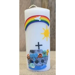 Taufkerzen|Keramikflamme Patenkerze 15x6 -"Arche-Noah 2" - Rund oder Viereck -