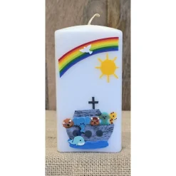 Taufkerzen|Keramikflamme Patenkerze 15x6 -"Arche-Noah 2" - Rund oder Viereck -