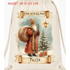 Sale Personalisierbar Beutel St Nikolaus mit Name – St. Nikolaus Motiv, Leinen-Optik, Weihnachtsbeutel 36x43cm Kordelzug Weihnachtsaccessoires