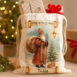Sale Personalisierbar Beutel St Nikolaus mit Name – St. Nikolaus Motiv, Leinen-Optik, Weihnachtsbeutel 36x43cm Kordelzug Weihnachtsaccessoires