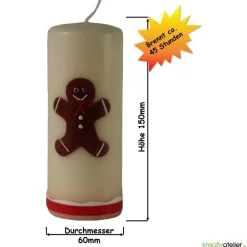Sale Personalisierbare cremefarbene Weihnachtskerze mit liebevoll handgefertigtem Lebkuchenmann und bunter Schleife Kerzen & Beleuchtung