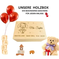 Personalisierte Baby-Erinnerungskiste mit niedlichem Hasenmotiv,  eine perfekte Holzbox als Geschenk, Geburtebur Dekoration
