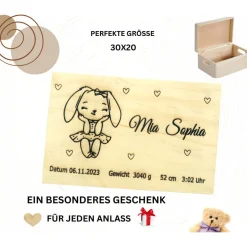 Personalisierte Baby-Erinnerungskiste mit niedlichem Hasenmotiv,  eine perfekte Holzbox als Geschenk, Geburtebur Dekoration