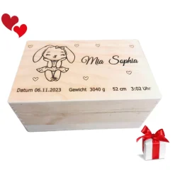 Personalisierte Baby-Erinnerungskiste mit niedlichem Hasenmotiv,  eine perfekte Holzbox als Geschenk, Geburtebur Dekoration