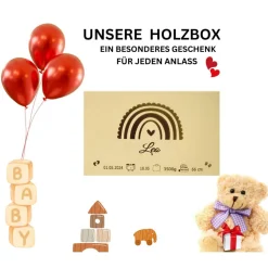 Personalisierte Erinnerungskiste für Babys - Regenbogen  - Personalisiert mit Name & Datum - Holzbox Dekoration