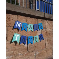 New Personalisierte Girlande zur Taufe, Blau, Türkis und Silber, Wimpelkette Taufe mit Wunschnamen Dekoration