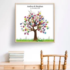 Hochzeitsgästebuch|MADYES Personalisierte Hochzeit Fingerabdruck Leinwand – Gästebuch Baum 50x50 cm – Traumhaftes Geschenk zur Trauung