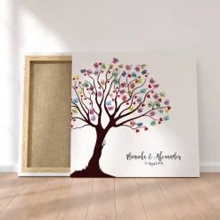 Hochzeitsgästebuch|MADYES Personalisierte Hochzeitsgästebuch Leinwand 50x50 cm – Wedding Tree Fingerabdruck mit Herzen & Namen als Geschenk