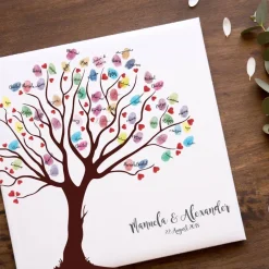 Hochzeitsgästebuch|MADYES Personalisierte Hochzeitsgästebuch Leinwand 50x50 cm – Wedding Tree Fingerabdruck mit Herzen & Namen als Geschenk