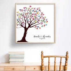 Hochzeitsgästebuch|MADYES Personalisierte Hochzeitsgästebuch Leinwand 50x50 cm – Wedding Tree Fingerabdruck mit Herzen & Namen als Geschenk