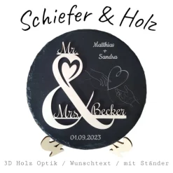 Personalisierte Schiefertafel mit 3D-Holzgravur – Perfekt als Geschenk für Hochzeit, Verlobung, Hochzeitstag Hochzeitsgeschenke