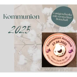 Gastgeschenke|Mal- und Bastelatelier Monika Weis Personalisierte Teelichter als Gastgeschenke zur Kommunion – Mit versteckter Botschaft & Spruch