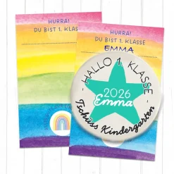 Einschulung|Galerie Charlotte Design Personalisierter Button Tschüss Kindergarten 2026 | Wunschname & Stern | 9 Farben | 38/59mm