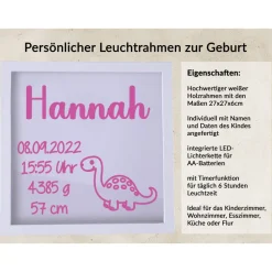 Geschenke|Marinas Kreativwerkstatt Personalisierter Leuchtrahmen MIT TIMER Geschenk zur Geburt, Taufe, Babygeschenk für Mädchen oder Junge, Bilderahmen