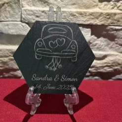 Sale Personalisierter Schiefer-Untersetzer Hochzeit mit Namen & Datum – Sechseckig mit Hochzeitsauto Gastgeschenke