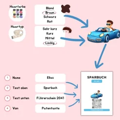 Geldgeschenke|QrCode-Galerie Personalisiertes Geldgeschenk | Führerschein Zuschuss | Digitales Sparbuch | Geschenkkarte | Auto Junge Blau