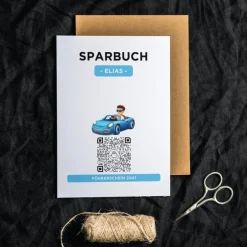 Geldgeschenke|QrCode-Galerie Personalisiertes Geldgeschenk | Führerschein Zuschuss | Digitales Sparbuch | Geschenkkarte | Auto Junge Blau