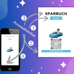 Geldgeschenke|QrCode-Galerie Personalisiertes Geldgeschenk | Führerschein Zuschuss | Digitales Sparbuch | Geschenkkarte | Auto Junge Blau