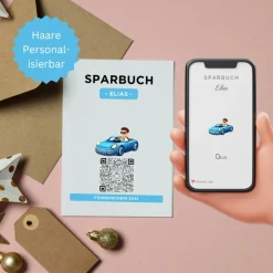 Geldgeschenke|QrCode-Galerie Personalisiertes Geldgeschenk | Führerschein Zuschuss | Digitales Sparbuch | Geschenkkarte | Auto Junge Blau