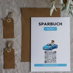 Geldgeschenke|QrCode-Galerie Personalisiertes Geldgeschenk | Führerschein Zuschuss | Digitales Sparbuch | Geschenkkarte | Auto Junge Blau