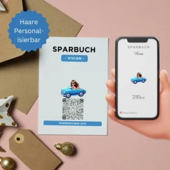 Geldgeschenke|QrCode-Galerie Personalisiertes Geldgeschenk | Führerschein Zuschuss | Digitales Sparbuch | Geschenkkarte | Auto Mädchen Blau