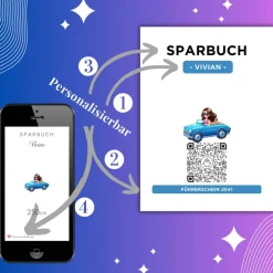 Geldgeschenke|QrCode-Galerie Personalisiertes Geldgeschenk | Führerschein Zuschuss | Digitales Sparbuch | Geschenkkarte | Auto Mädchen Blau