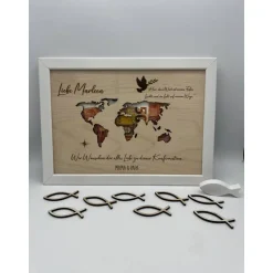 Personalisiertes Geldgeschenk Weltkarte aus Holz – Geschenk zur Konfirmation, Taufe, Kommunion & Firmung im Bilderrahmen Geldgeschenke