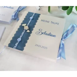 Best personalisiertes Gästebuch & Album zur Taufe mit Herzen, Rosen und Bändern auf Samt in Taubenblau Fotoalbum & Gästebuch