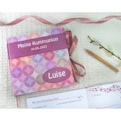 Clearance personalisiertes Gästebuch zur Kommunion mit mit Kreisen und Fischen in Fuchsia Beere Pink Gästefragen Fragebogen Fragen Geschenke