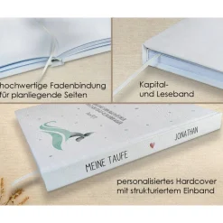 Fotoalbum & Gästebuch|my-own-story personalisiertes Gästebuch zur Taufe mit Wal, Welle, Herz in Grau & Hellblau blanko od. mit Fragen / Fragebogen